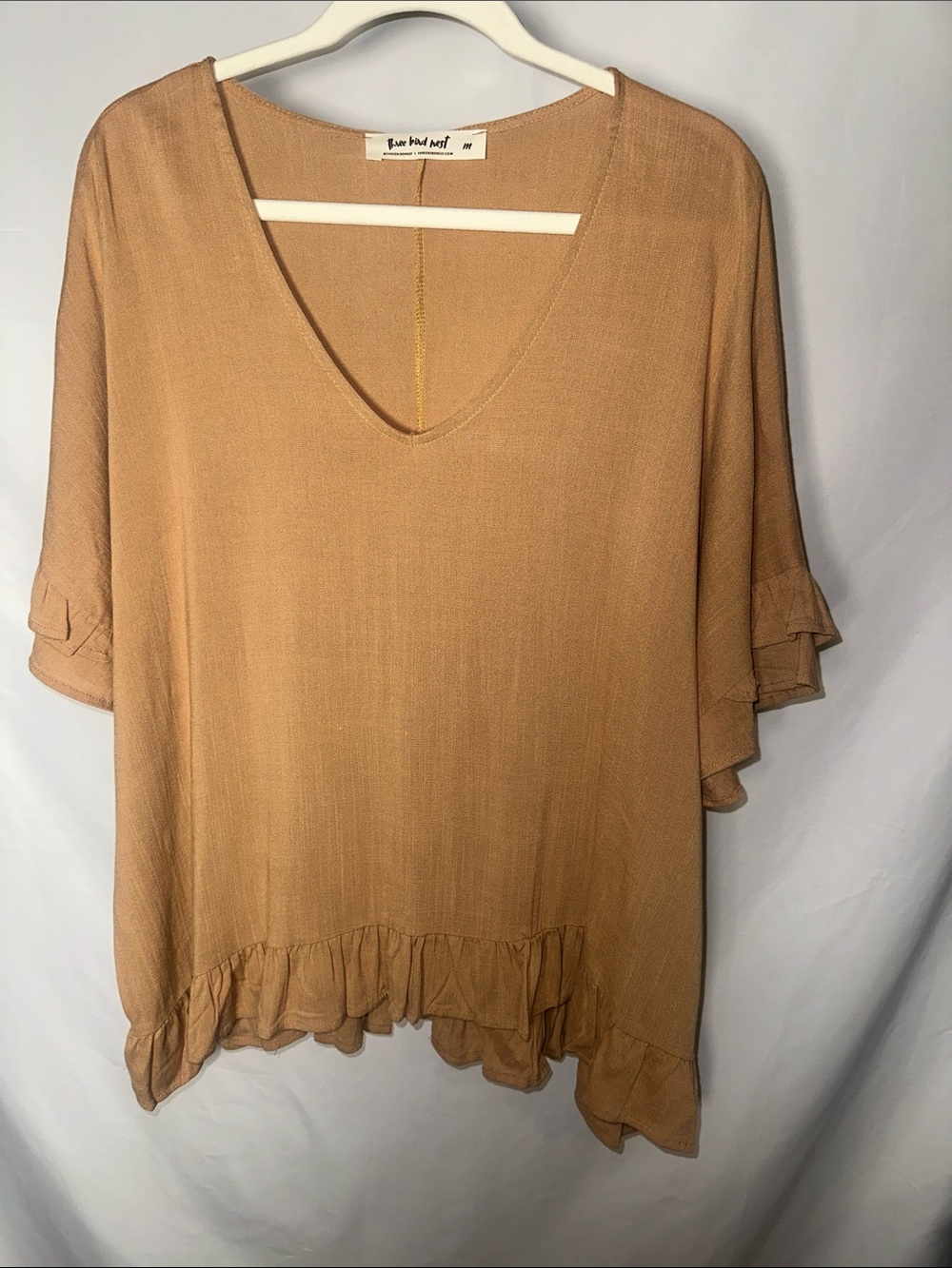 Three Bird Nest Caramel Ruffle-Hem V-Neck Blouse